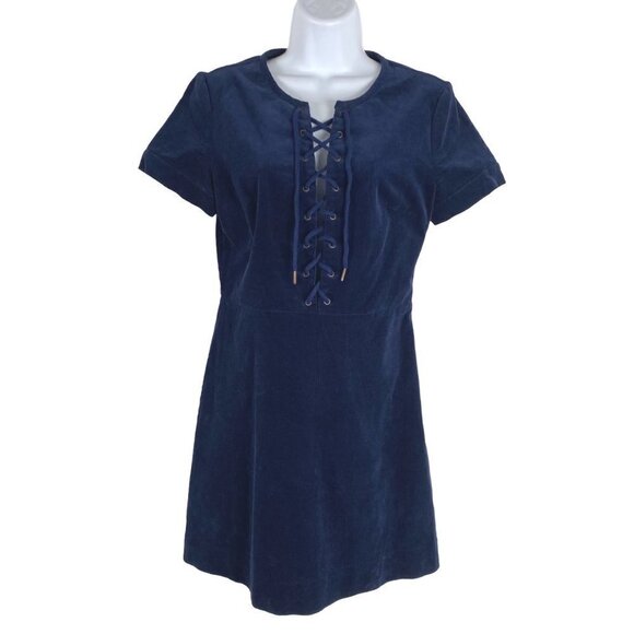 Saylor Billie Corduroy Mini Dress Small Lace Up Short Sleeve Navy Blue‎ DR-1308 - Picture 1 of 7